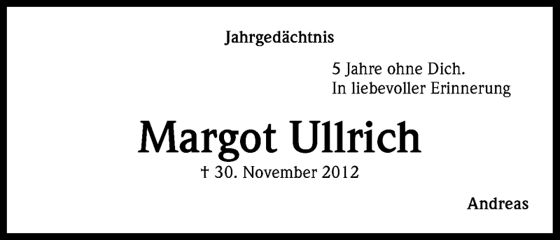  Traueranzeige für Margot Ullrich vom 30.11.2017 aus Kölner Stadt-Anzeiger / Kölnische Rundschau / Express