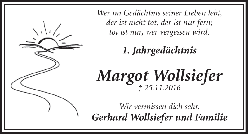  Traueranzeige für Margot Wollsiefer vom 22.11.2017 aus  Schlossbote/Werbekurier 