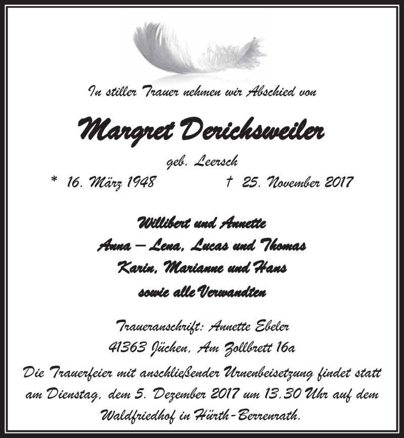  Traueranzeige für Margret Derichsweiler vom 29.11.2017 aus  Wochenende 