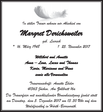 Anzeige von Margret Derichsweiler von  Wochenende 