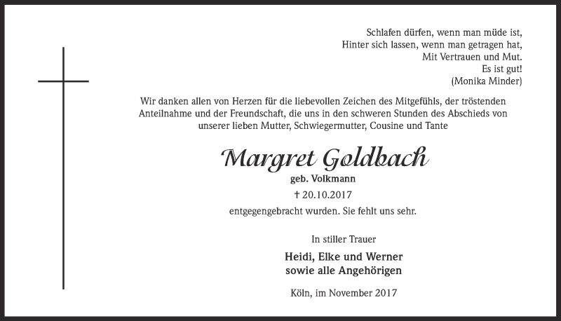  Traueranzeige für Margret Goldbach vom 15.11.2017 aus  Kölner Wochenspiegel 
