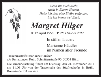 Anzeige von Margret Hilger von  Wochenende  Schlossbote/Werbekurier 
