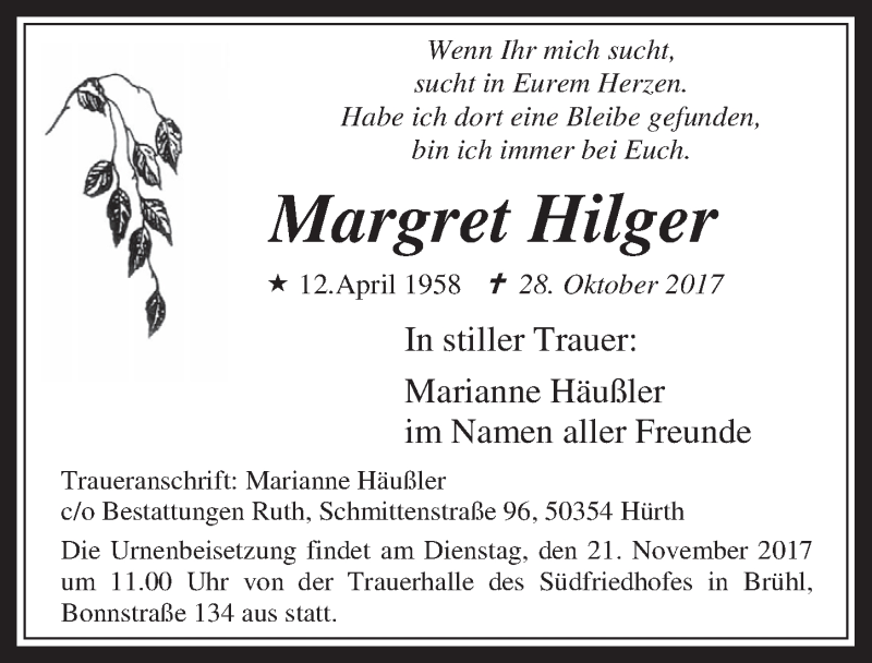  Traueranzeige für Margret Hilger vom 15.11.2017 aus  Wochenende  Schlossbote/Werbekurier 