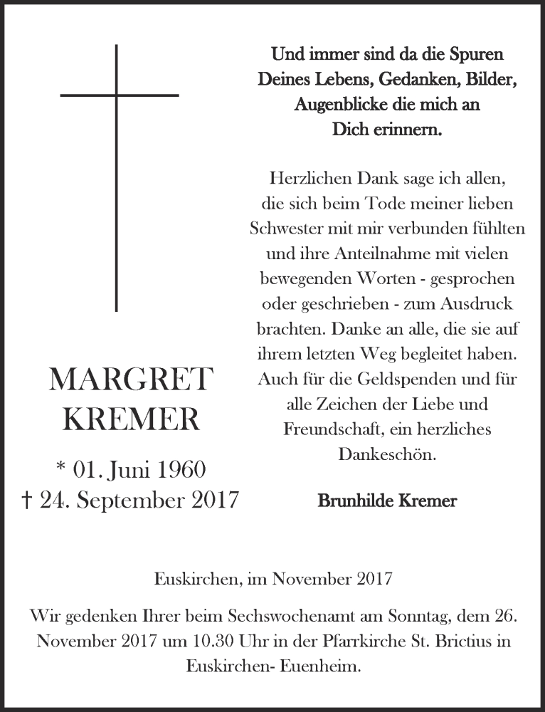  Traueranzeige für Margret Kremer vom 18.11.2017 aus  Blickpunkt Euskirchen 