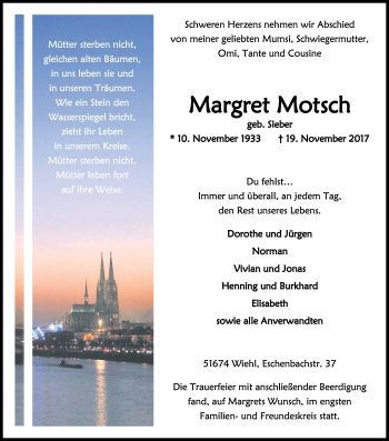 Anzeige von Margret Motsch von Kölner Stadt-Anzeiger / Kölnische Rundschau / Express