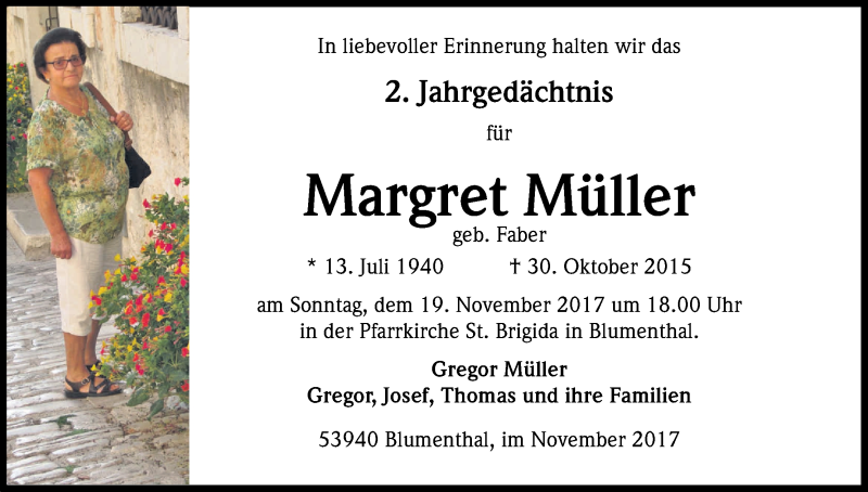  Traueranzeige für Margret Müller vom 11.11.2017 aus Kölner Stadt-Anzeiger / Kölnische Rundschau / Express