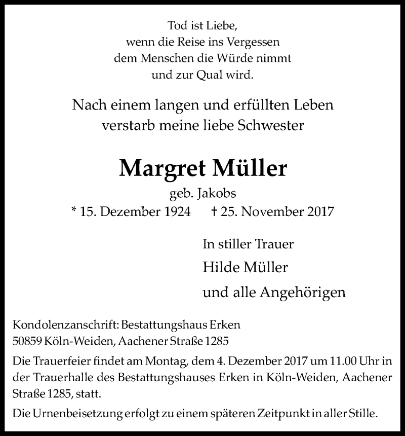  Traueranzeige für Margret Müller vom 29.11.2017 aus Kölner Stadt-Anzeiger / Kölnische Rundschau / Express
