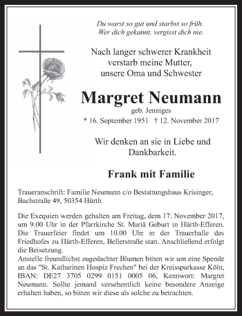Anzeige von Margret Neumann von  Wochenende  Werbepost 