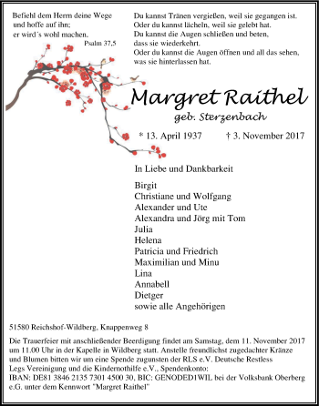 Anzeige von Margret Raithel von Kölner Stadt-Anzeiger / Kölnische Rundschau / Express