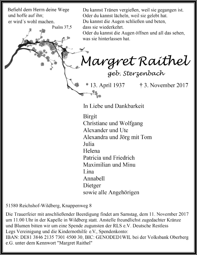  Traueranzeige für Margret Raithel vom 08.11.2017 aus  Anzeigen Echo  Lokalanzeiger 