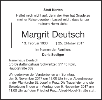 Anzeige von Margrit Deutsch von  Kölner Wochenspiegel 