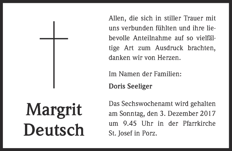  Traueranzeige für Margrit Deutsch vom 29.11.2017 aus  Kölner Wochenspiegel 