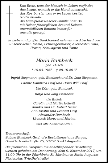 Anzeige von Maria Bambeck von Kölner Stadt-Anzeiger / Kölnische Rundschau / Express