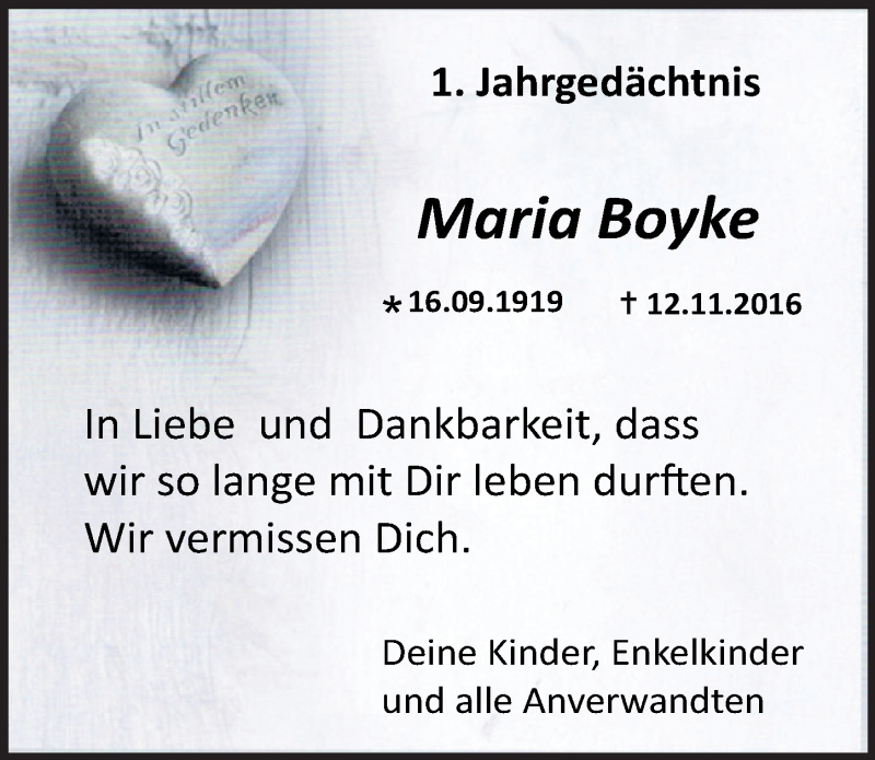  Traueranzeige für Maria Boyke vom 15.11.2017 aus  Kölner Wochenspiegel 