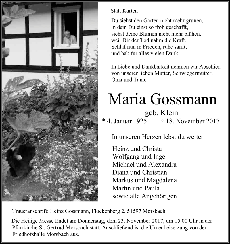  Traueranzeige für Maria Gossmann vom 21.11.2017 aus Kölner Stadt-Anzeiger / Kölnische Rundschau / Express