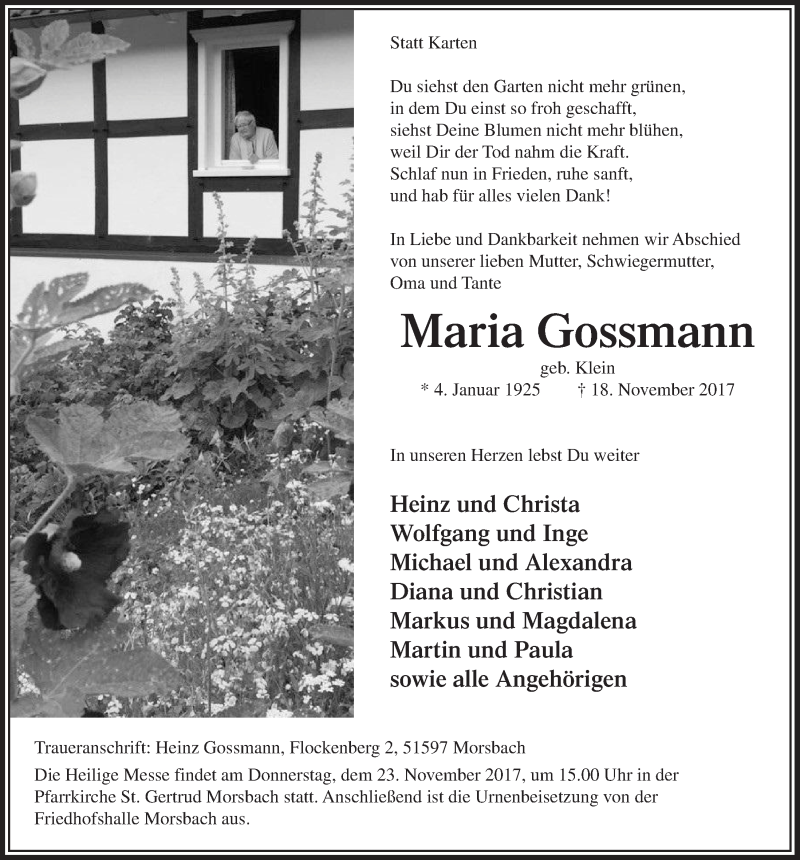  Traueranzeige für Maria Gossmann vom 22.11.2017 aus  Lokalanzeiger 