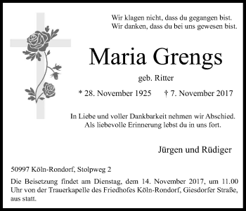 Anzeige von Maria Grengs von Kölner Stadt-Anzeiger / Kölnische Rundschau / Express