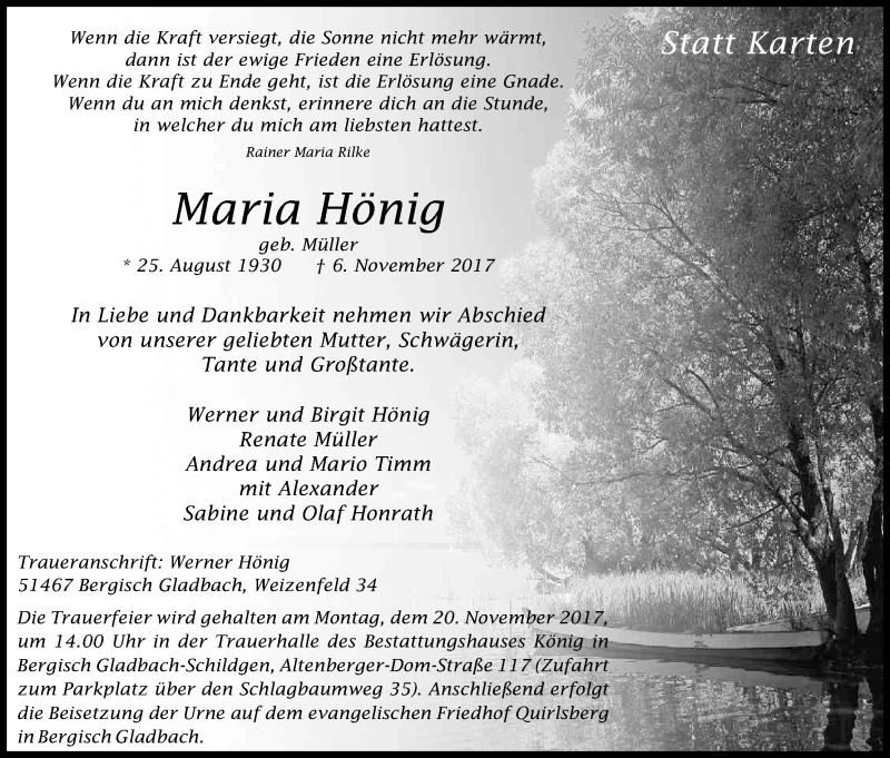  Traueranzeige für Maria Hönig vom 11.11.2017 aus Kölner Stadt-Anzeiger / Kölnische Rundschau / Express