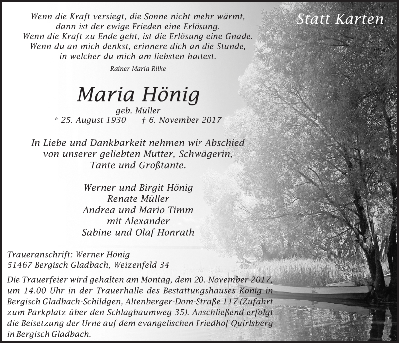  Traueranzeige für Maria Hönig vom 15.11.2017 aus  Bergisches Handelsblatt 