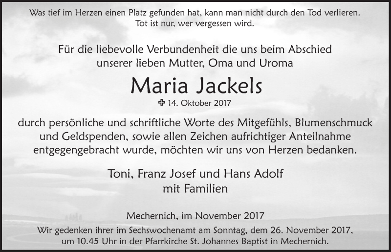  Traueranzeige für Maria Jackels vom 18.11.2017 aus  Blickpunkt Euskirchen 