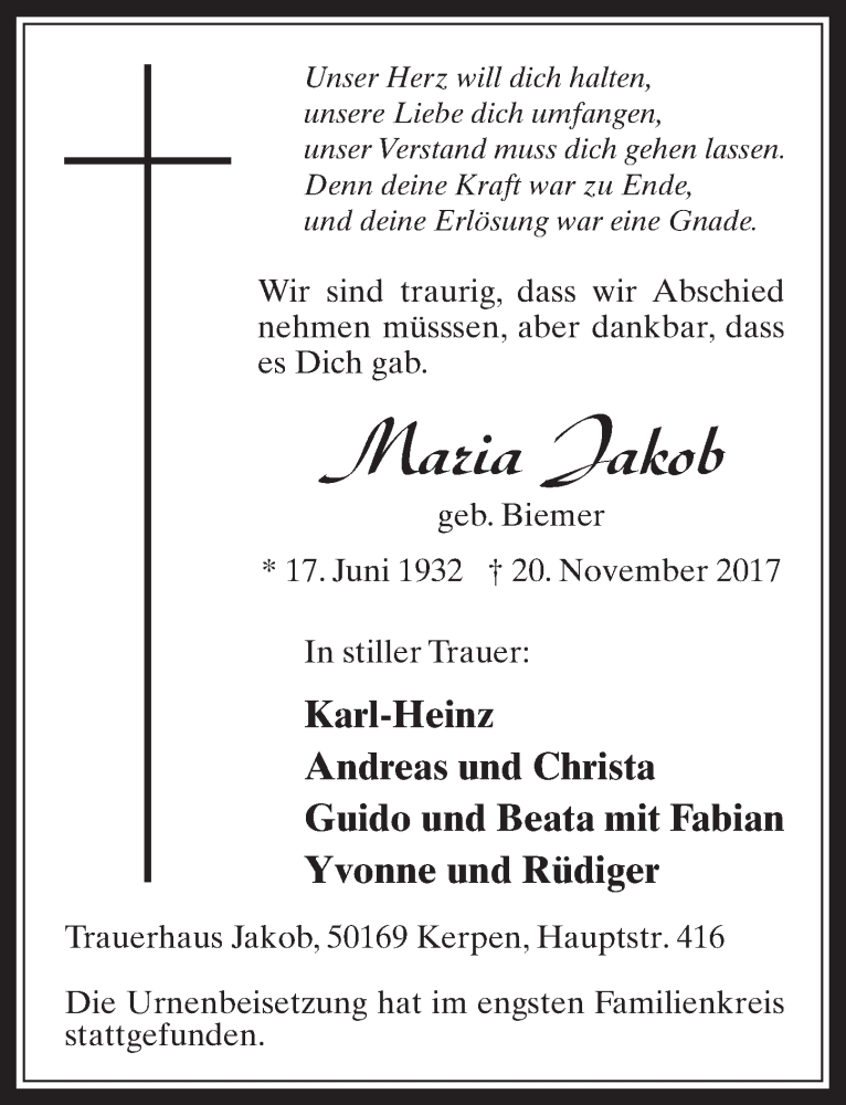  Traueranzeige für Maria Jakob vom 29.11.2017 aus  Werbepost 