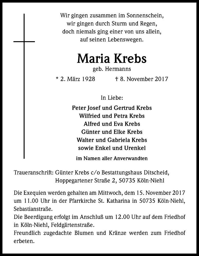  Traueranzeige für Maria Krebs vom 11.11.2017 aus Kölner Stadt-Anzeiger / Kölnische Rundschau / Express