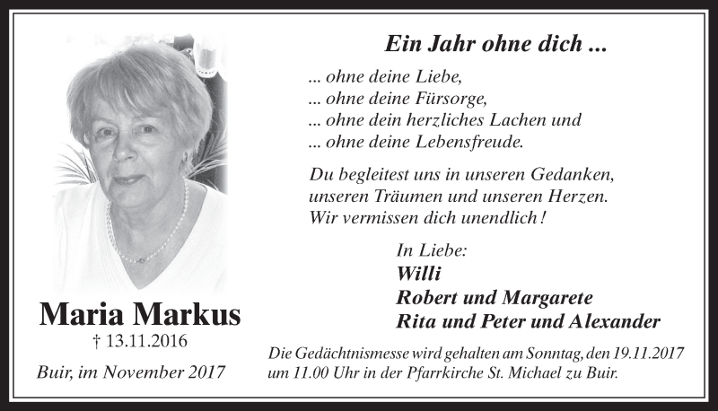  Traueranzeige für Maria Markus vom 18.11.2017 aus  Sonntags-Post 