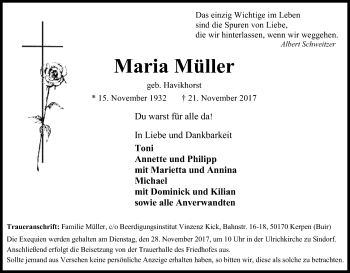 Anzeige von Maria Müller von Kölner Stadt-Anzeiger / Kölnische Rundschau / Express