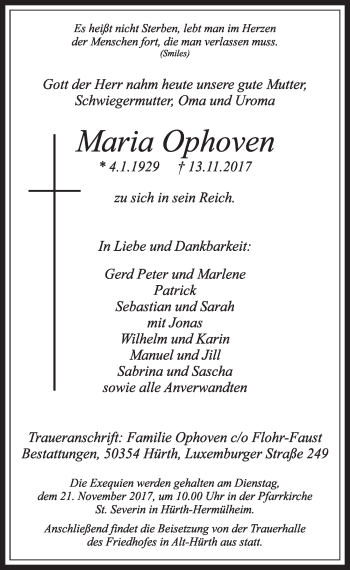 Anzeige von Maria Ophoven von  Sonntags-Post 