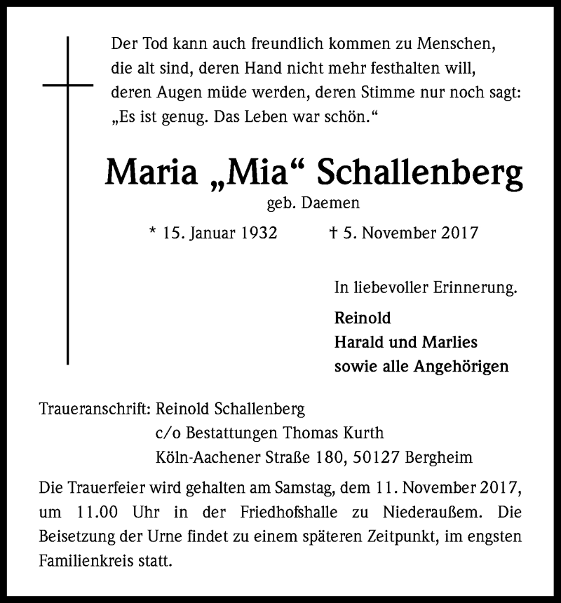  Traueranzeige für Maria  Schallenberg vom 08.11.2017 aus Kölner Stadt-Anzeiger / Kölnische Rundschau / Express