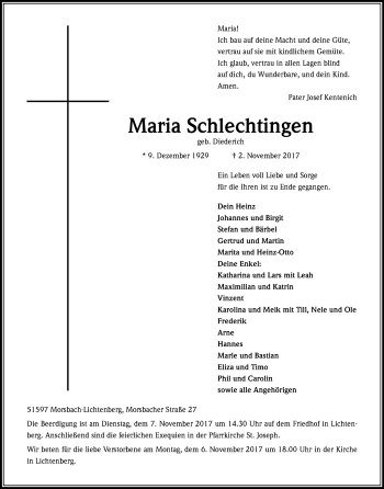 Anzeige von Maria Schlechtingen von Kölner Stadt-Anzeiger / Kölnische Rundschau / Express