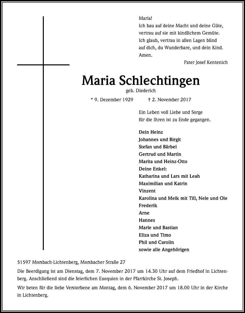  Traueranzeige für Maria Schlechtingen vom 04.11.2017 aus Kölner Stadt-Anzeiger / Kölnische Rundschau / Express