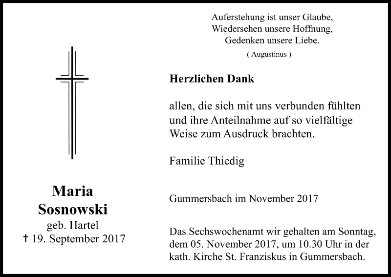  Traueranzeige für Maria Sosnowski vom 04.11.2017 aus Kölner Stadt-Anzeiger / Kölnische Rundschau / Express