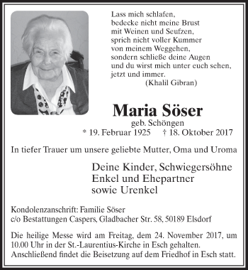 Anzeige von Maria Söser von  Werbepost 