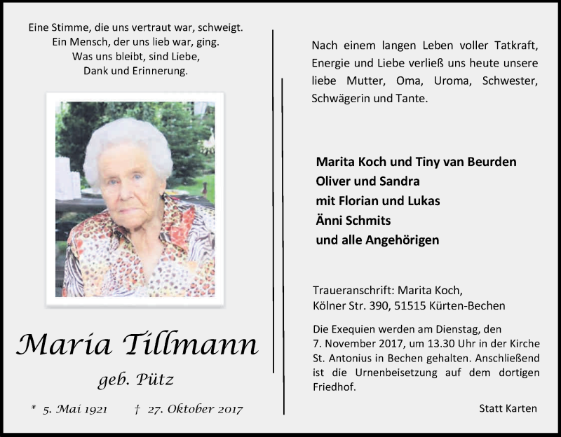  Traueranzeige für Maria Tillmann vom 02.11.2017 aus Kölner Stadt-Anzeiger / Kölnische Rundschau / Express