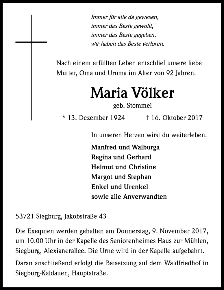  Traueranzeige für Maria Völker vom 04.11.2017 aus Kölner Stadt-Anzeiger / Kölnische Rundschau / Express