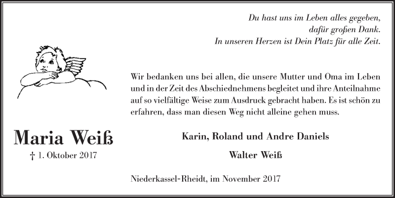 Traueranzeige für Maria Weiß vom 08.11.2017 aus  Extra Blatt 