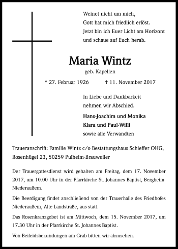 Anzeige von Maria Wintz von Kölner Stadt-Anzeiger / Kölnische Rundschau / Express