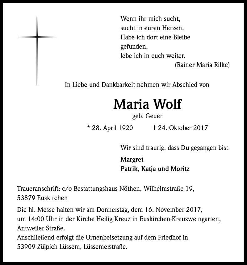 Traueranzeige für Maria Wolf vom 11.11.2017 aus Kölner Stadt-Anzeiger / Kölnische Rundschau / Express