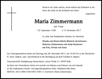 Anzeige von Maria Zimmermann von Kölner Stadt-Anzeiger / Kölnische Rundschau / Express