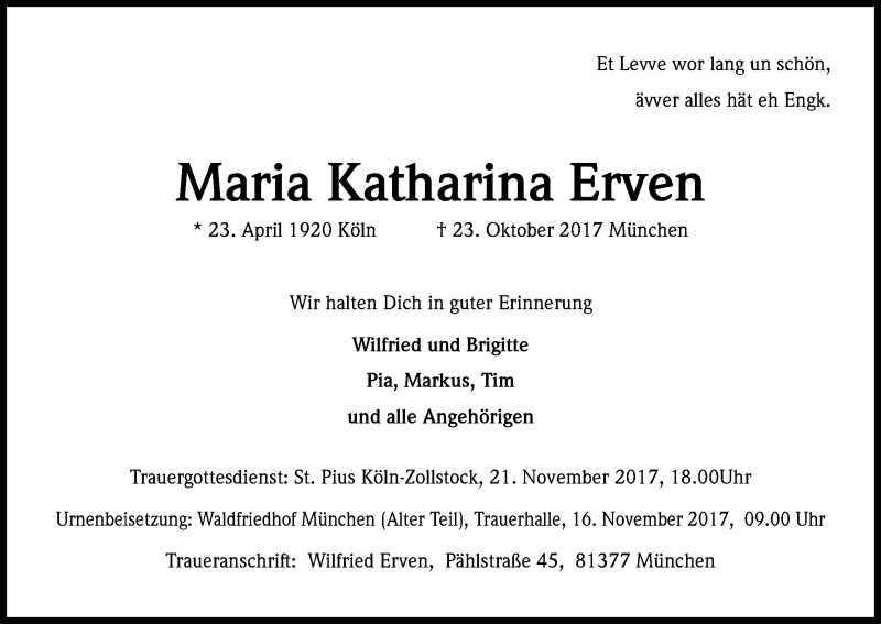  Traueranzeige für Maria Katharina Erven vom 17.11.2017 aus Kölner Stadt-Anzeiger / Kölnische Rundschau / Express