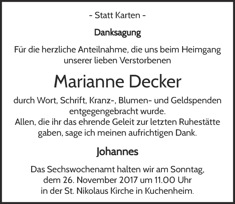  Traueranzeige für Marianne Decker vom 18.11.2017 aus  Blickpunkt Euskirchen 