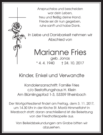 Anzeige von Marianne Fries von  Schaufenster/Blickpunkt 