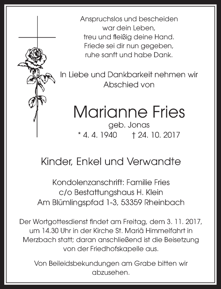  Traueranzeige für Marianne Fries vom 02.11.2017 aus  Schaufenster/Blickpunkt 