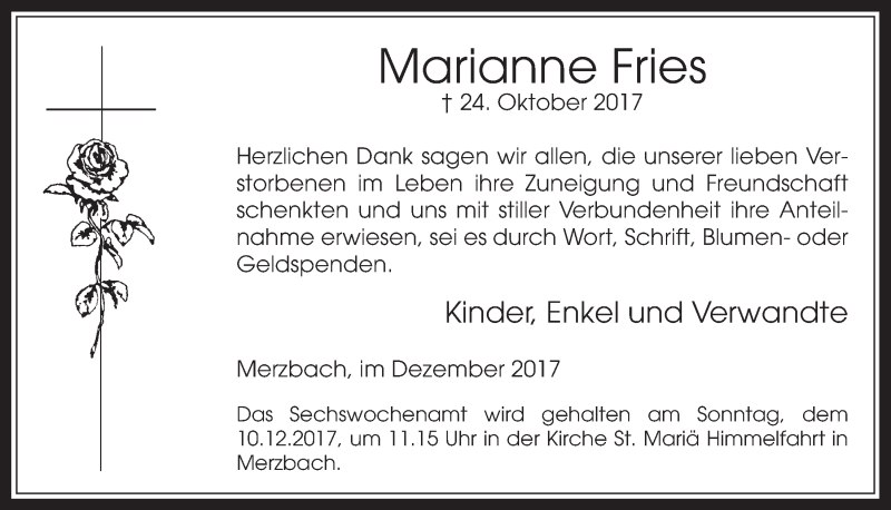  Traueranzeige für Marianne Fries vom 25.11.2017 aus  Schaufenster/Blickpunkt 
