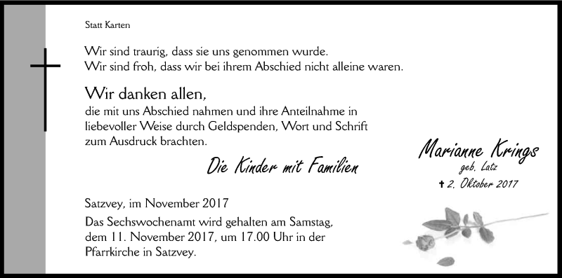  Traueranzeige für Marianne Krings vom 11.11.2017 aus Kölner Stadt-Anzeiger / Kölnische Rundschau / Express