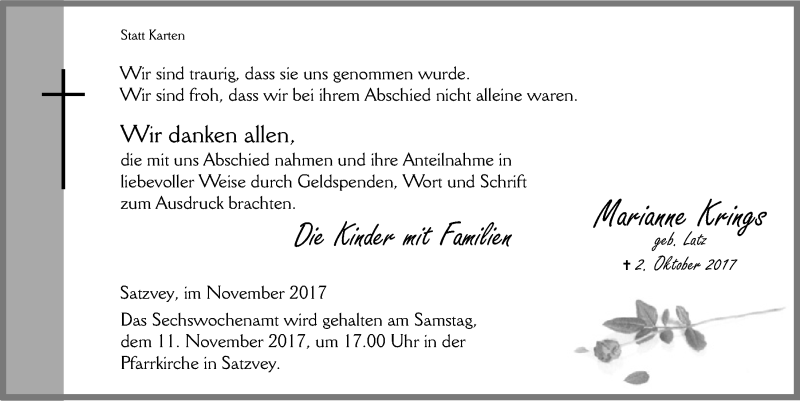  Traueranzeige für Marianne Krings vom 04.11.2017 aus  Blickpunkt Euskirchen 