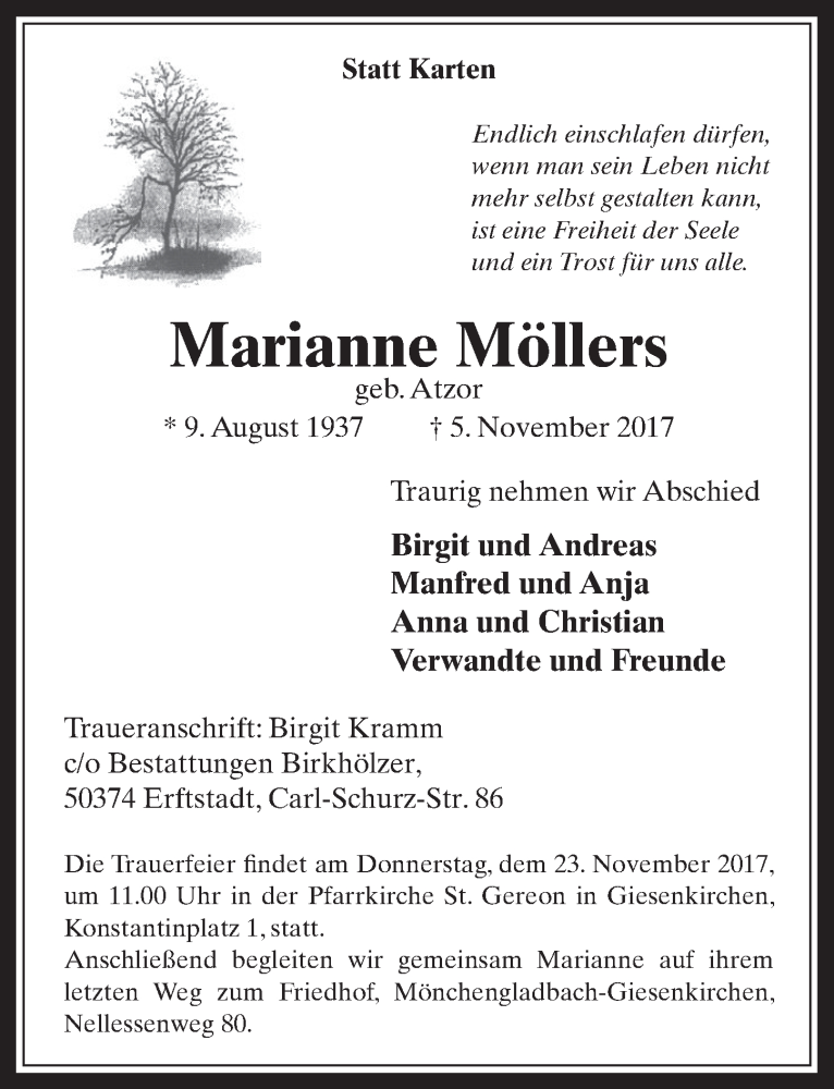  Traueranzeige für Marianne Möllers vom 18.11.2017 aus  Sonntags-Post 