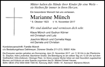 Anzeige von Marianne Münch von Kölner Stadt-Anzeiger / Kölnische Rundschau / Express