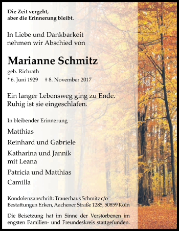 Anzeige von Marianne Schmitz von Kölner Stadt-Anzeiger / Kölnische Rundschau / Express